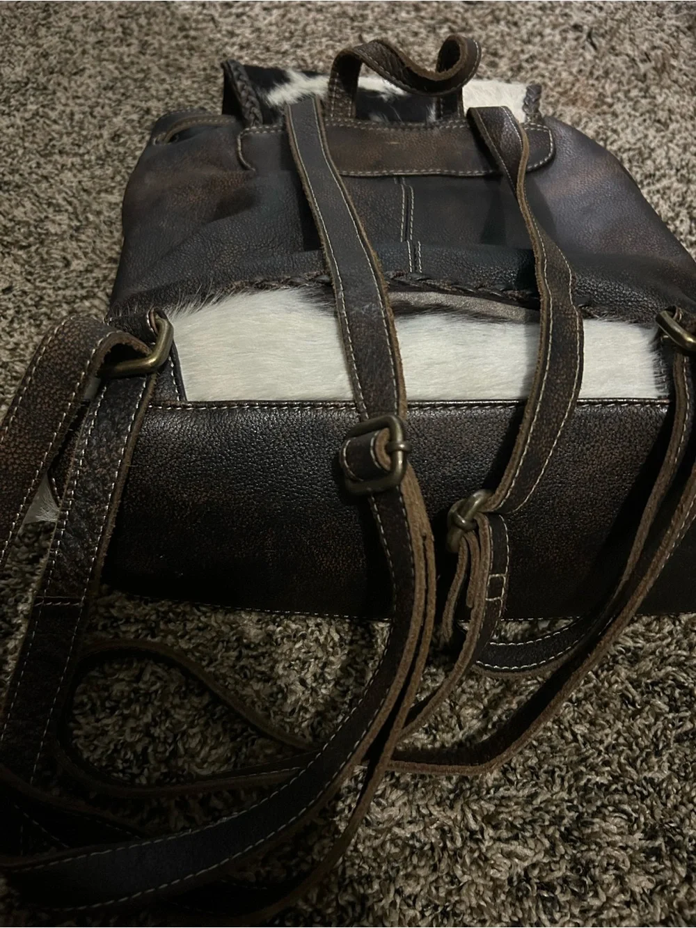 Brown Leather Backpack with Black & White Cowhide Flap